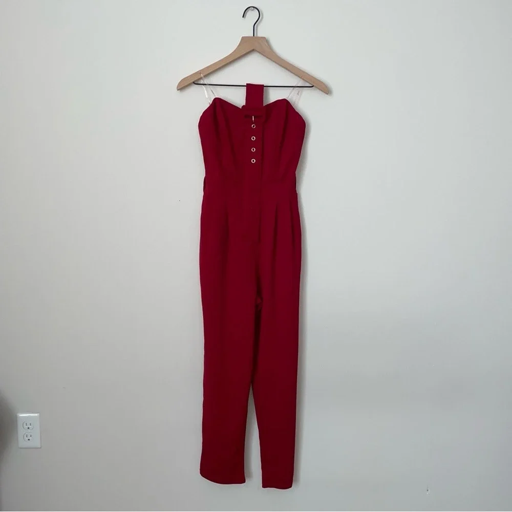 Red Strapless Jumpsuit with Belt‎ and Pockets - Picture 7 of 9